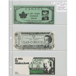 Lot of 3 Canadian Political Satire notes. John Diefenbaker, Joe Clark, Pierre Trudeau.