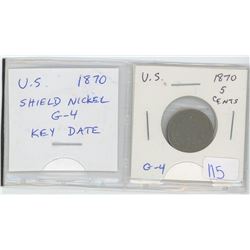 U.S. 1870 Shield Nickel 5 Cents. G-4. Key Date.