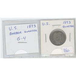 U.S. 1893 Barber Quarter Dollar. G-4.