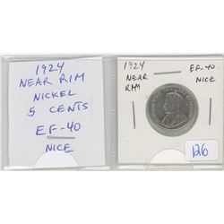 1924 Near Rim Nickel 5 Cents. (S is near Rim). EF-40. Nice.