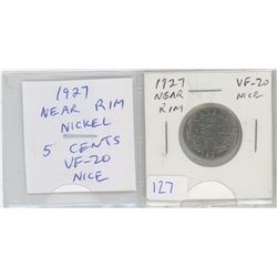 1927 Near Rim Nickel 5 Cents. (S is near Rim). VF-20. Nice.