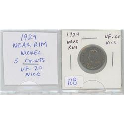 1929 Near Rim Nickel 5 Cents. (S is near Rim). VF-20. Nice.