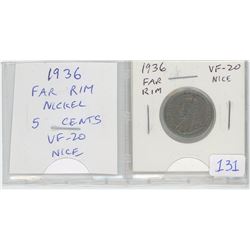 1936 Far Rim Nickel 5 Cents. (S is far from Rim). VF-20. Nice.