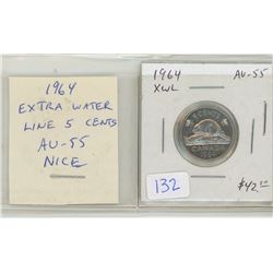 1964 Extra Water Lines Nickel 5 Cents. Key Date. Scarce. AU-55. Nice.