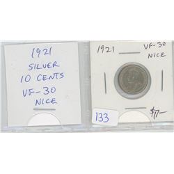 1921 George V Silver 10 Cents. VF-30. Nice.