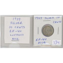 1929 George V Silver 10 Cents. The year of the Great Depression. EF-40. Lustrous. Nice.