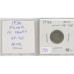 1936 George V Silver 10 Cents. The final issue of George V. VF-30. Nice.