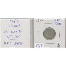 1948 George VI Silver 10 Cents. Key Date. VF-20.