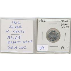 1962 Silver 10 Cents. MS-65. Bright White. Gem Uncirculated. Nice.