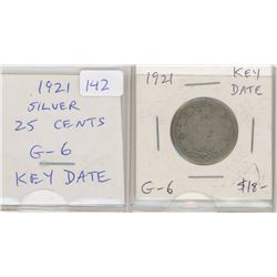 1921 George V Silver 25 Cents. G-6. Key Date.