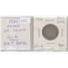 Image 1 : 1921 George V Silver 25 Cents. G-6. Key Date.