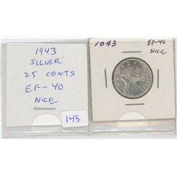 1943 George VI Silver 25 Cents. World War II issue. EF-40. Nice.