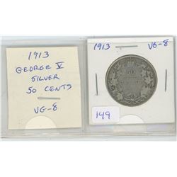 1913 George V Silver 50 Cents. VG-8.