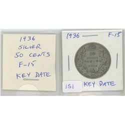 1936 George V Silver 50 Cents. The last year of issue of George V. F-15. Key Date.