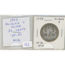 1943 Doubled 3 George VI Silver 50 Cents. A scarce variety. Nice.