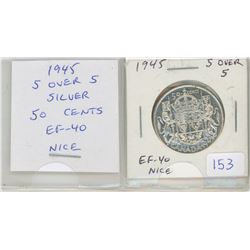1945 5 Over 5 George VI Silver 50 Cents. A scarce variety. Nice.