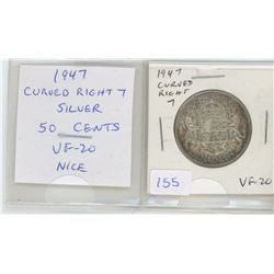 1947 Curved Right 7 Silver 50 Cents. VF-20. Nice.