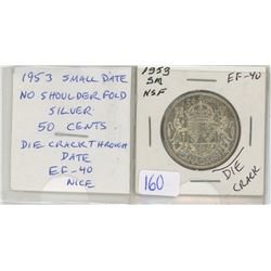 1953 Small Date No Shoulder Fold Silver 50 Cents. The coin has a large Die Crack on the reverse thro