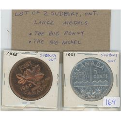 Lot of 2 Sudbury, Ontario large medals: The Big Penny & The Big Nickel.
