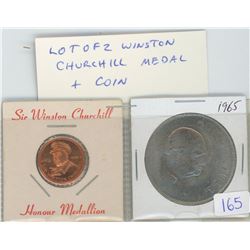 Lot of 2 Winston Churchill medal & coin. The bronze medal depicts Churchill with reverse that reads 