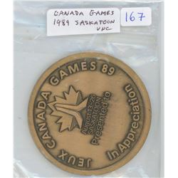 Canada Games 1989 Saskatoon, Saskatchewan. Large brass sports medal measures 60mm and weighs 80 gram