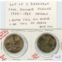 Lot of 2 different Saskatchewan Diamond Jubilee 1905-1965 medals. One has tail on the horse, while t