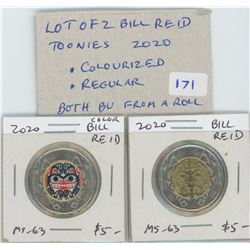 Lot of 2 Bill Reid toonies. One colourized, the other regular. Both BU from an original roll.