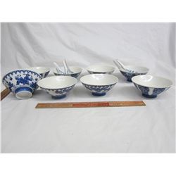 8 Bue and White porcelain bowls 4 spoons no damage