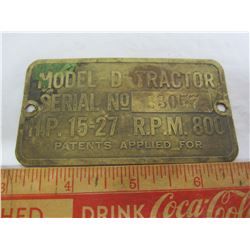 John Deer model D tractor brass I.D. tag