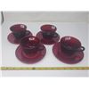 Image 1 : 4 ruby glass cups & saucers (depression glass)