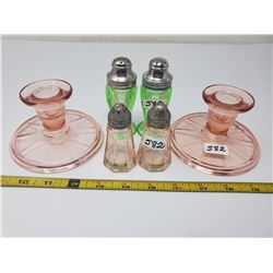 2 pair depression glass salt & peppers, pair of candle holders