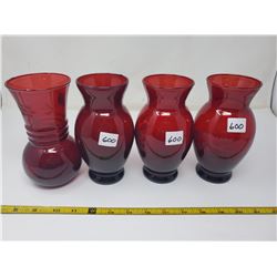 4 ruby glass vases