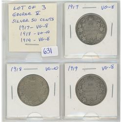 Lot Of 3 Canadian George V Silver 50 Cents. 1917 VG-8; 1918 VG-10; 1919 VG-8