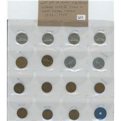 Lot Of 16 Different Canadian World War II Coins & Meat RATION Token. 1939-1945 Includes All Cents An