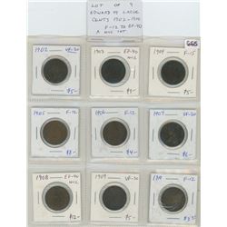 Lot of 9 Edward VII Canadian Large Cents: 1902, 1903, 1904, 1905, 1906,1907, 1908, 1909, 1910. Coins