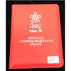 Calgary 1988 Olympic Games Official Commemorative Silver Ingot. 1 gram .999 pure silver ingot housed