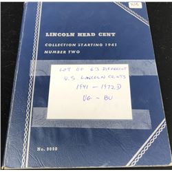 Set of 63 different U.S. Lincoln Cents 1941 – 1972D. Housed in a blue Whitman folder. Coins grade VG
