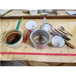 lot of enamel pots, bowl, knives, etc