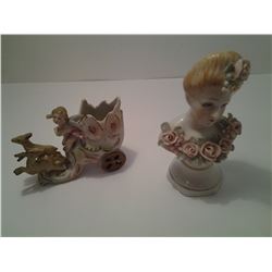 Porcelain figurines, chariot and lady with roses bust