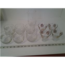 Lot of cocktail glasses, canadian club pitcher