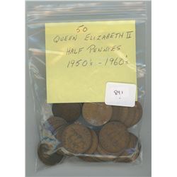 50 Queen Elizabeth Half Pennies - 1950s & 1960s