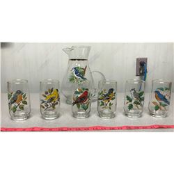 1960's Pitcher + 6 Glasses Bird Variety Matching Set