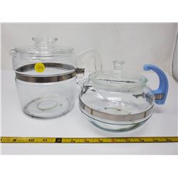 Pyrex flamewear coffee pot & blue glass tea pot with delphite blue handle