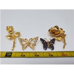2 flower, 2 butterfly brooches - one could also be used as a pendant