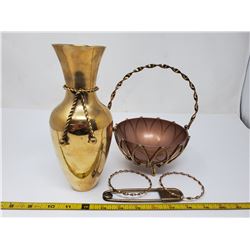 5 piece brass lot - 1 heavy vase 9 inch, 2 bracelets & hand made basket - Norwich Connecticut U.S.A.