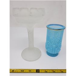 Small blue Avon vase & glass candle holder