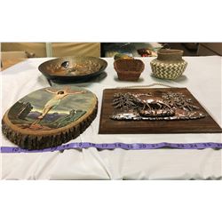 lot of wall plaques and wooden ware
