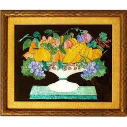 A FRAMED EGLOMISE STENCIL OF A FRUIT BASKET