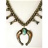 Image 2 : AN OLD NAVAJO HAND WROUGHT SILVER AND TURQUOISE SQUASH BLOSSOM NECKLACE