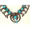 Image 3 : AN OLD NAVAJO HAND WROUGHT SILVER AND TURQUOISE SQUASH BLOSSOM NECKLACE